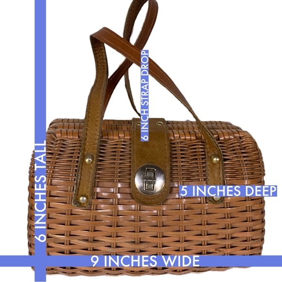 VINTAGE CIRCA 1960'S BROWN RATTAN AND LEATHER BASKET PURSE - Picture 15 of 15